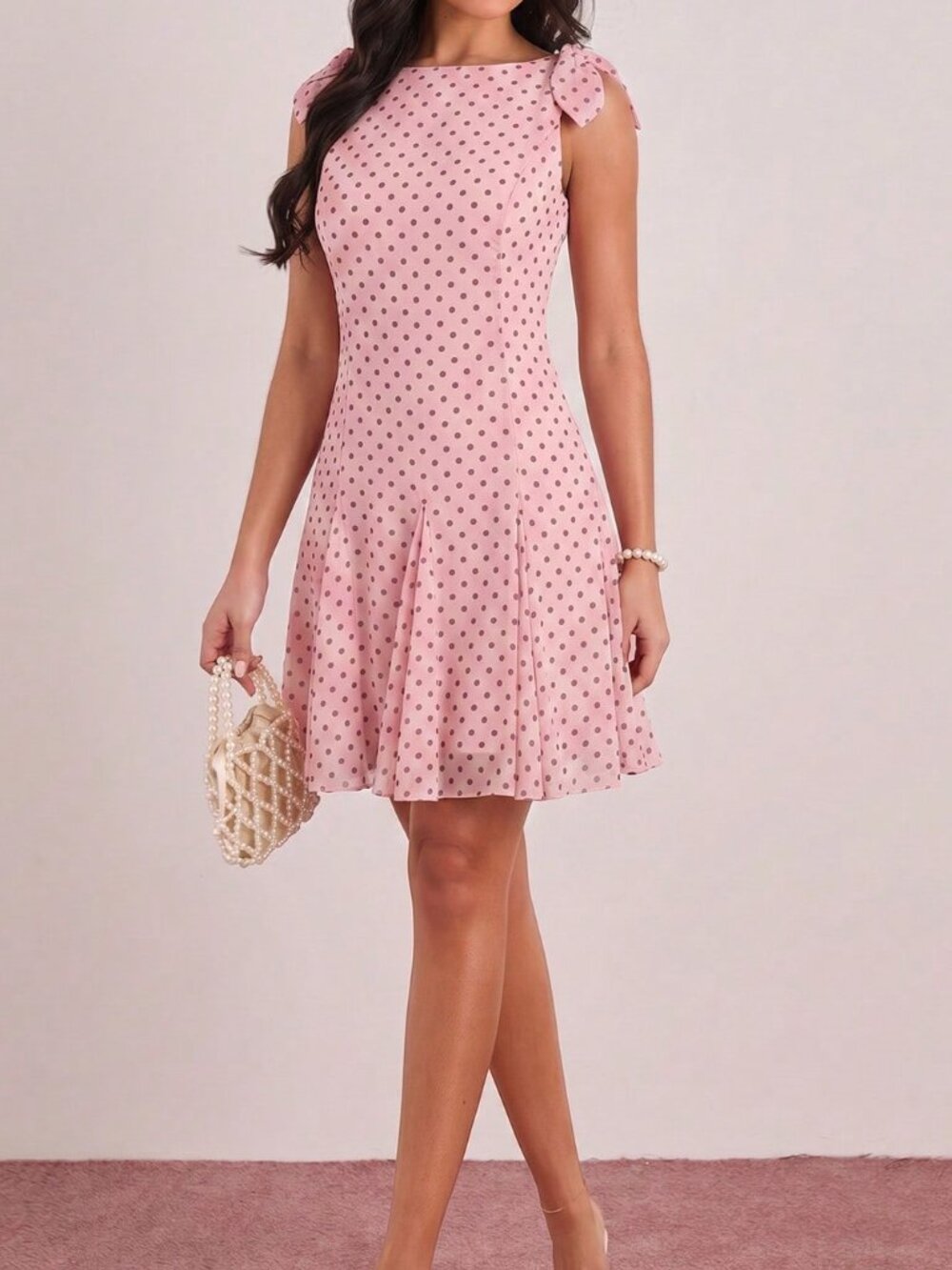 Pink French Women's Elegant Polka Dot Pleated Mini Dress - Picture 4 of 9
